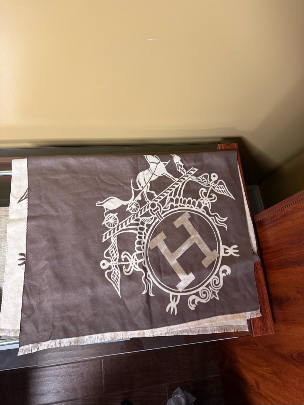 Hermes Brown and Cream Silk-Blend Scarf with Crest H Motif